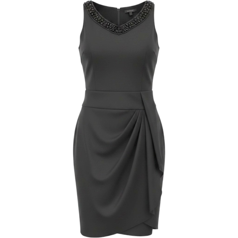 Rickie Freeman Teri Jon Black Beaded Neck Draped Sheath Cocktail Dress 8
